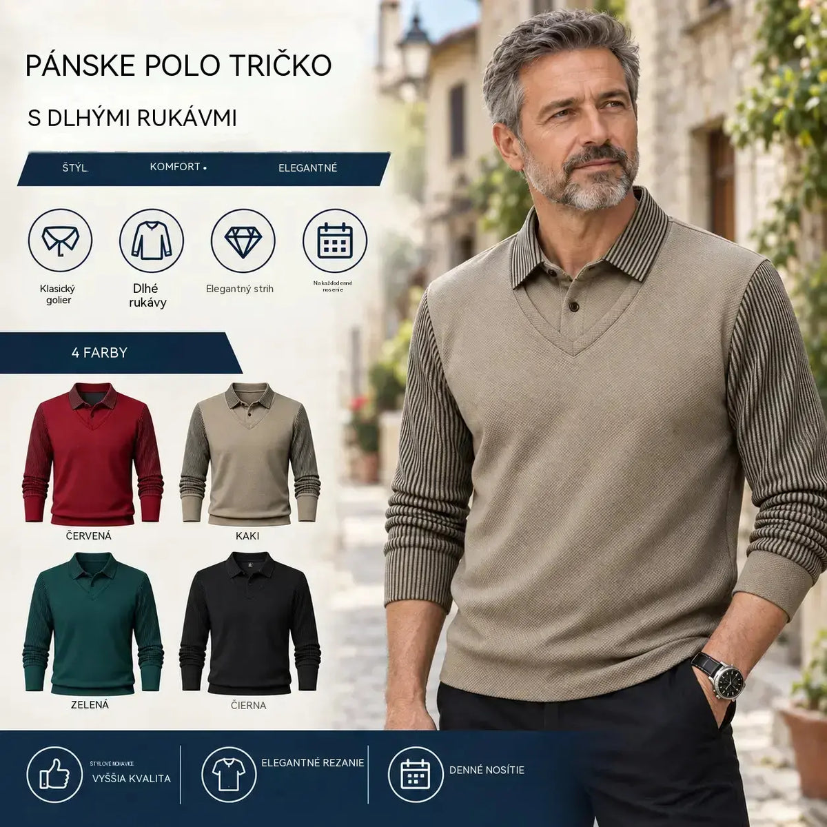 【M-4XL】 👔 Pánske polo tričko s dlhým rukávom v štýle „2 v 1“ · Zateplené podšívkou · Elegantný dizajn s klasickým golierom a pruhovanými rukávmi · Vhodné na bežné nosenie aj do práce!