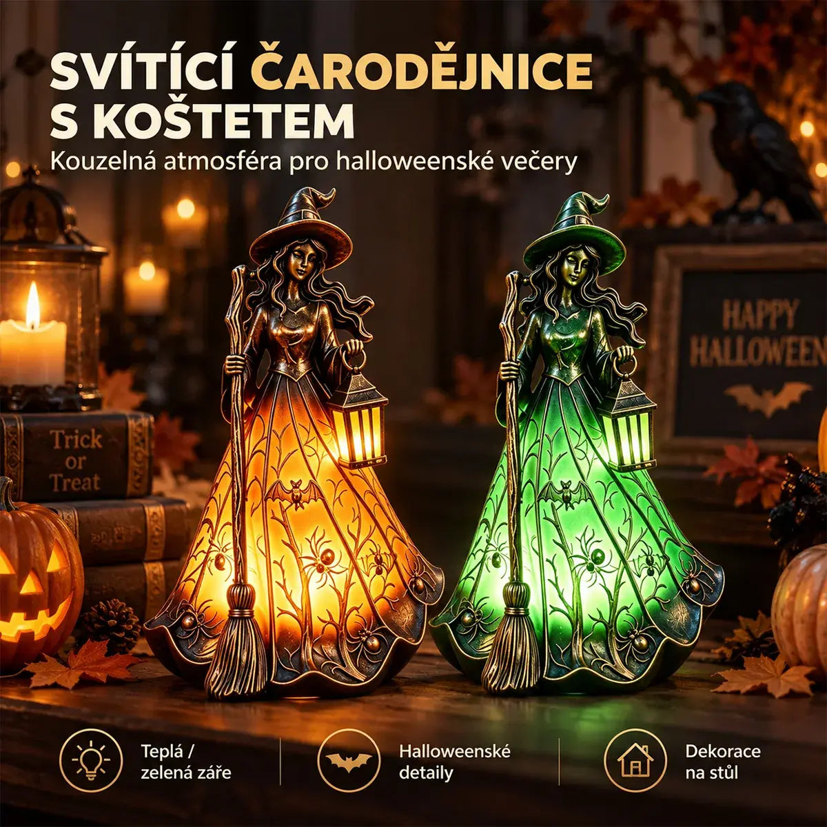 🧙🎃 Halloweeni dekoratív fénydekoráció gyantából, boszorkánymotívummal