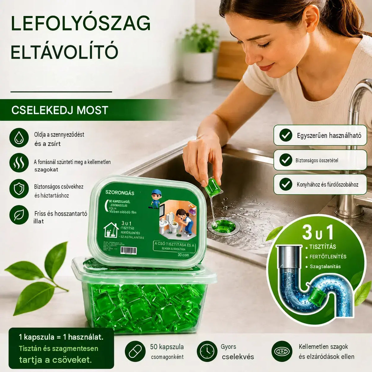 Vízben oldódó kapszulák a lefolyók szagainak eltávolítására - tökéletes megoldás a szagok terjedésének megakadályozására a fürdőszobákban és a konyhákban.