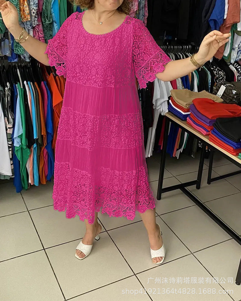 🔥【50% KEDVEZMÉNY】✨✨✨【S-5XL】2026Új ruha rövid ujjúval, kerek nyakkivágással és csipkével.