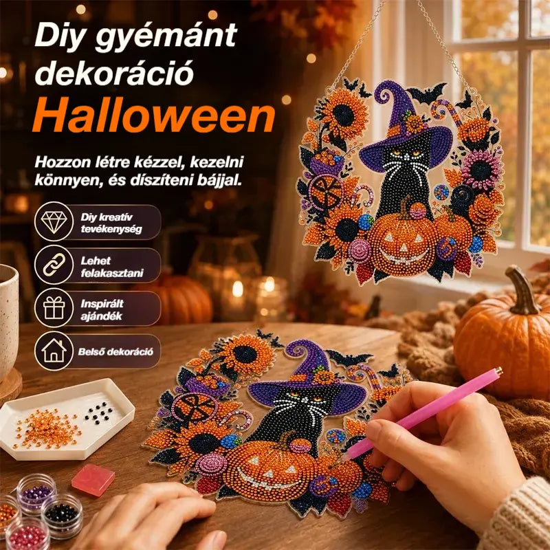 🍁🎃Halloween dekorációs ablak DIY gyémántfestés, 4 vidám minta, mérete 25×25 cm