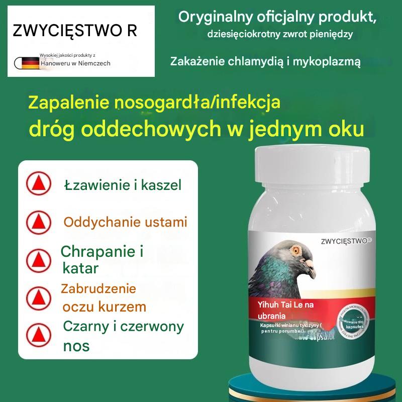 🕊️100 kapsułek, specjalny lek dla gołębi pocztowych, gołębie pocztowe, kaszel i świszczący oddech, łzawienie, niewyraźne widzenie piasku w oczach, czarny i czerwony nos