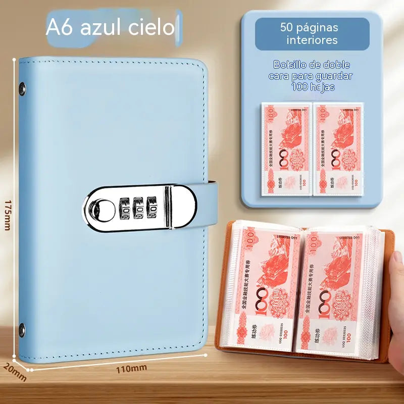📓💰🔐Jelszóval védett jegyzetfüzetet használunk csekkek, készpénz, bankkártyák és különféle nyugták tárolására.