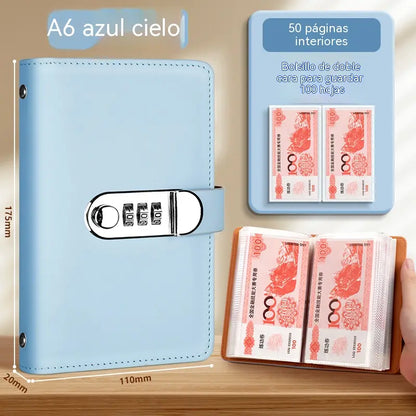 📓💰🔐Jelszóval védett jegyzetfüzetet használunk csekkek, készpénz, bankkártyák és különféle nyugták tárolására.