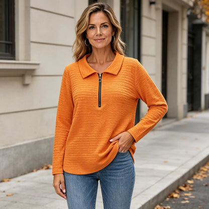 ✨【S–5XL / 5 szín】Egyszínű női felső stílusos rakással, Péter Pán gallérral, cipzáras záródással és klasszikus vállkivágással.