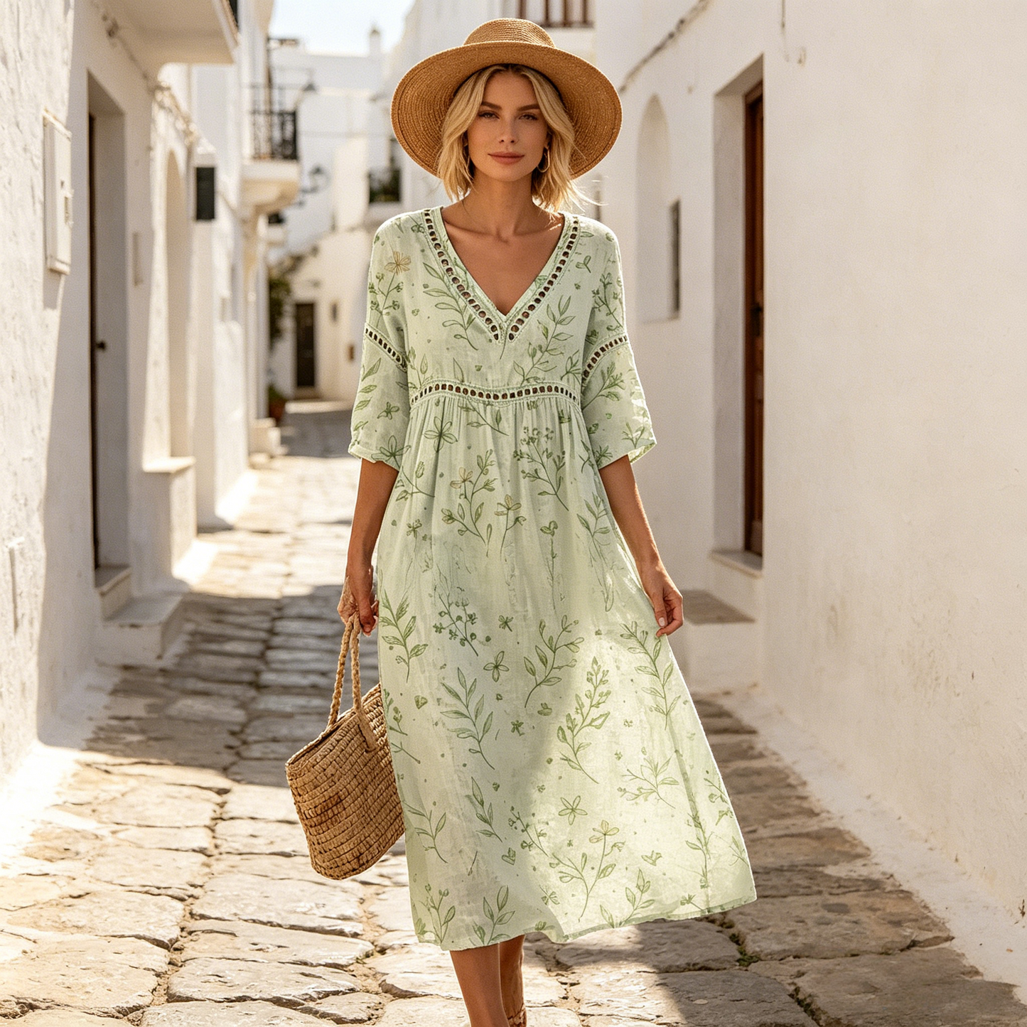 👗【S-3XL】Ženska dolga obleka iz bombaža in lana s potiskom - poletni stil, V-izrez