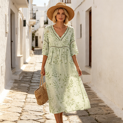 👗【S-3XL】Ženska dolga obleka iz bombaža in lana s potiskom - poletni stil, V-izrez