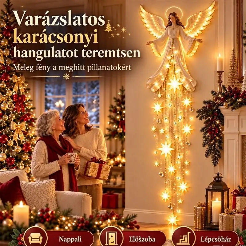 👼✨ Angyalos fali lámpa hullócsillaggal | Világító karácsonyi dekoráció | Meleg fényű LED otthonra és kertbe 🌟