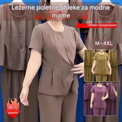 【Top + hlače】🔥🔥Dvodelni športni kombinezon, vitek temperament, plus size, 2025, poletni kombinezon za mamice, moden