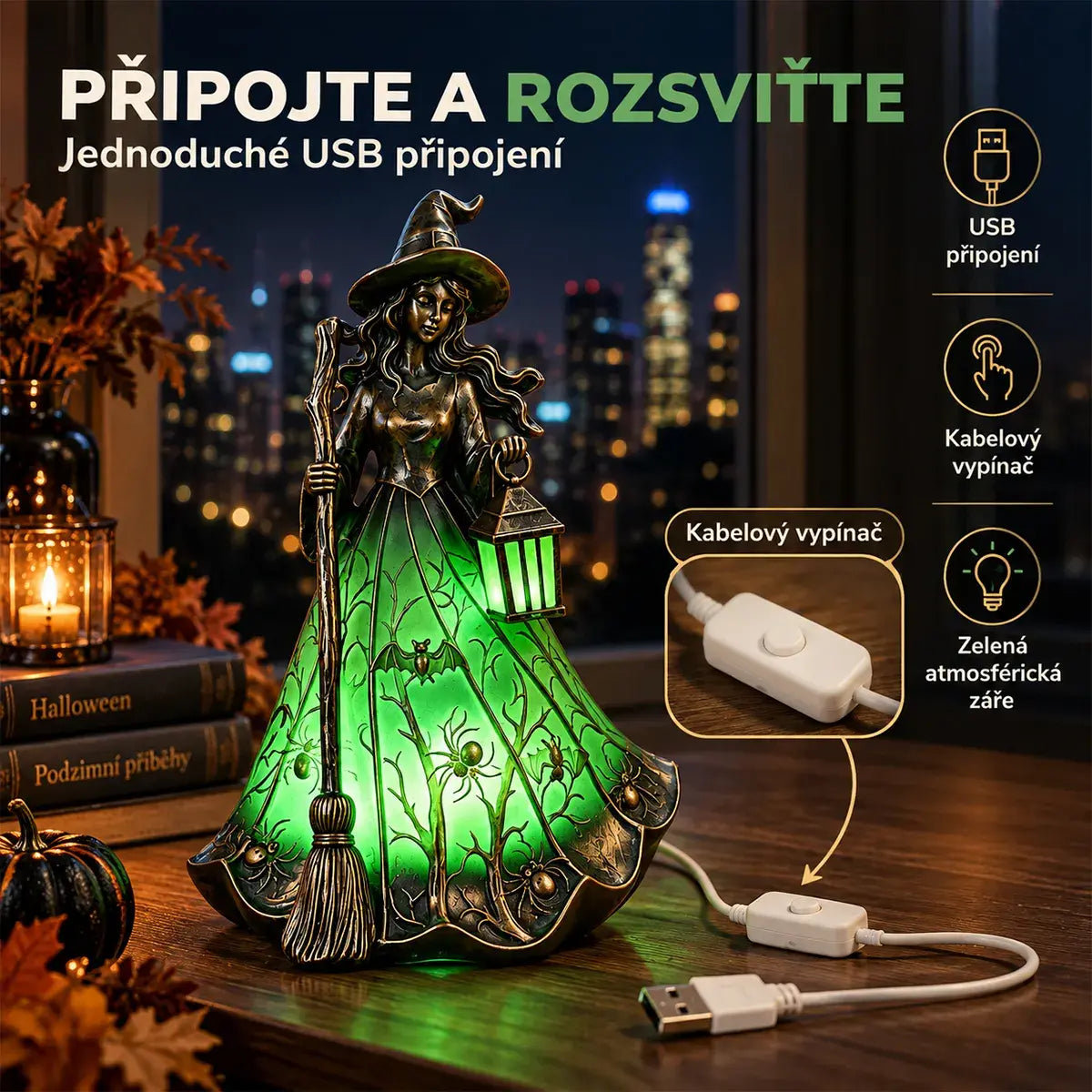 🧙🎃 Halloweeni dekoratív fénydekoráció gyantából, boszorkánymotívummal