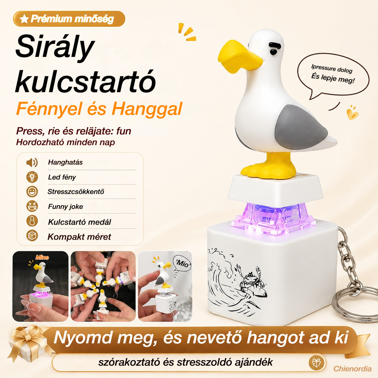 😂 Világító és hangot adó sirály kulcstartó: Nyomd meg, és nevető hangot ad ki, szórakoztató és stresszoldó ajándék 🎁✨