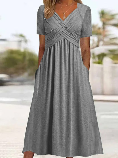 💃【S-3XL】Tiszta színű, hétköznapi divatos közepes hosszúságú ruha