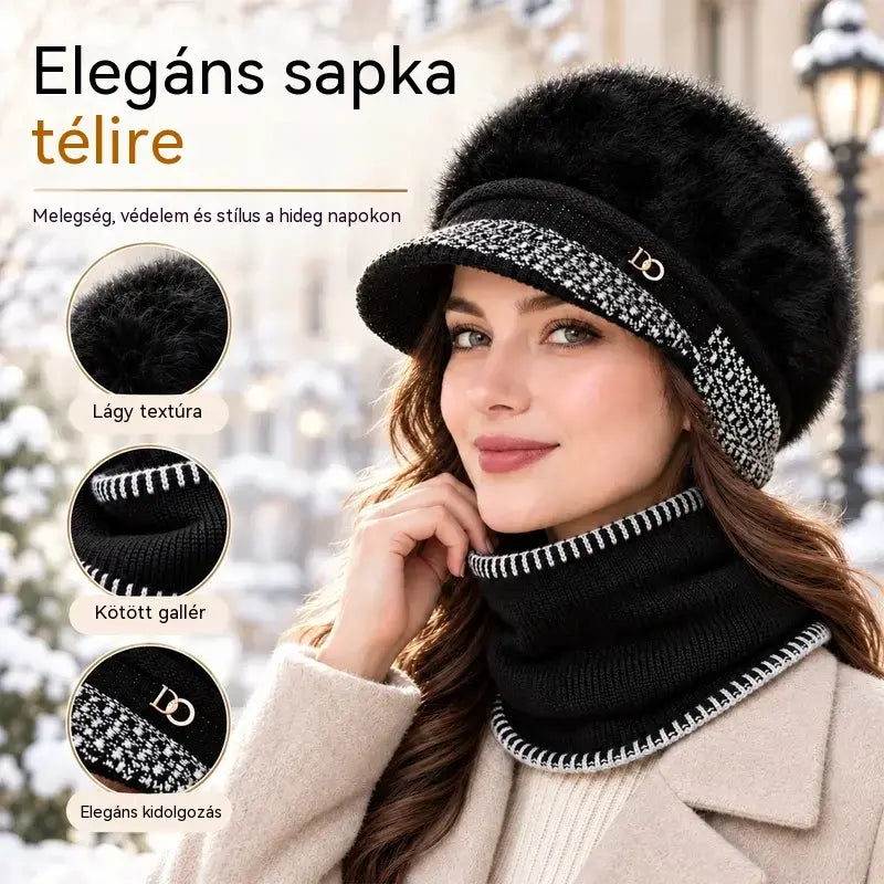 ❄️Elegáns, kétrészes téli szett: nyúlszőr-keverék baseballsapka fülvédővel + kötött sál!