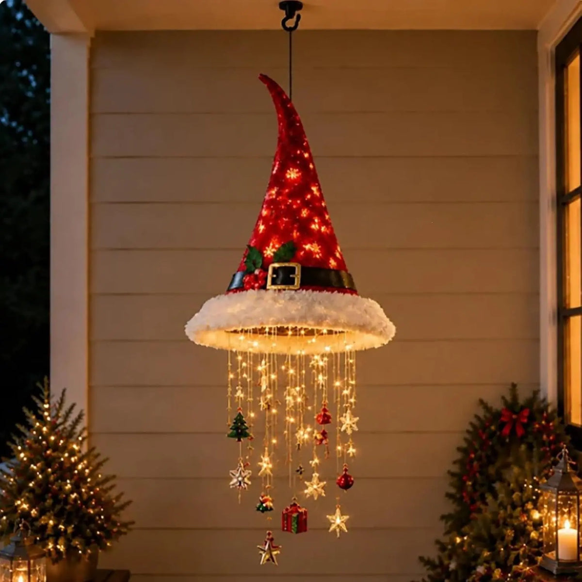 🎅 Hópelyhes és kristályos LED-fényű karácsonyi sapka – Varázslatos ragyogás a verandán ✨