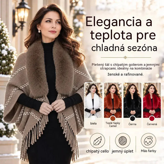 Pletené pončo s kožušinovým golierom a strapcami 🧣 Elegantný, hrejivý prehoz pre ženy (jeseň/zima) ❄️ Univerzálny kúsok voľného strihu, ktorý lichotí postave ✨
