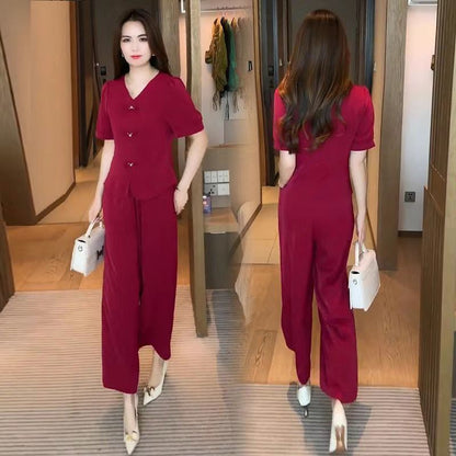 🌸【Top + spodnie z szerokimi nogawkami】Modny zestaw na co dzień. Eleganckie i przewiewne, odpowiednie na różne okazje