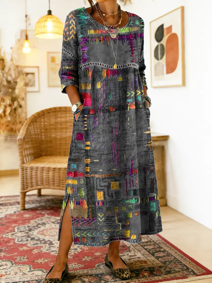 【S-5XL】Boemska maksi obleka z etničnim potiskom patchwork