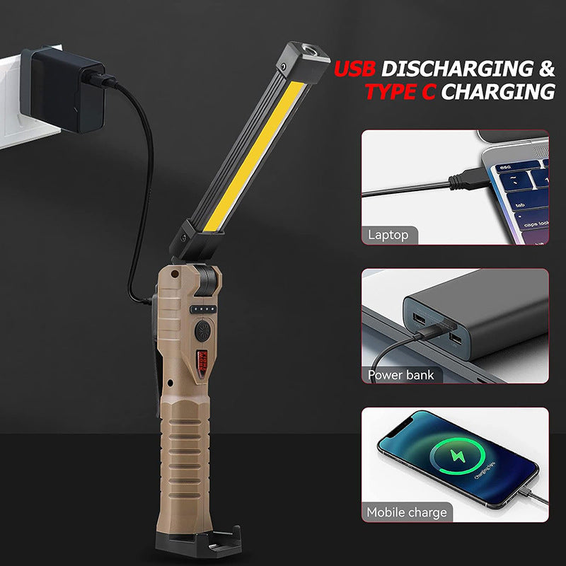 Lámpara de trabajo plegable con tecnología COB de doble cara; luz de inspección y emergencia de alta intensidad con tres fuentes de iluminación