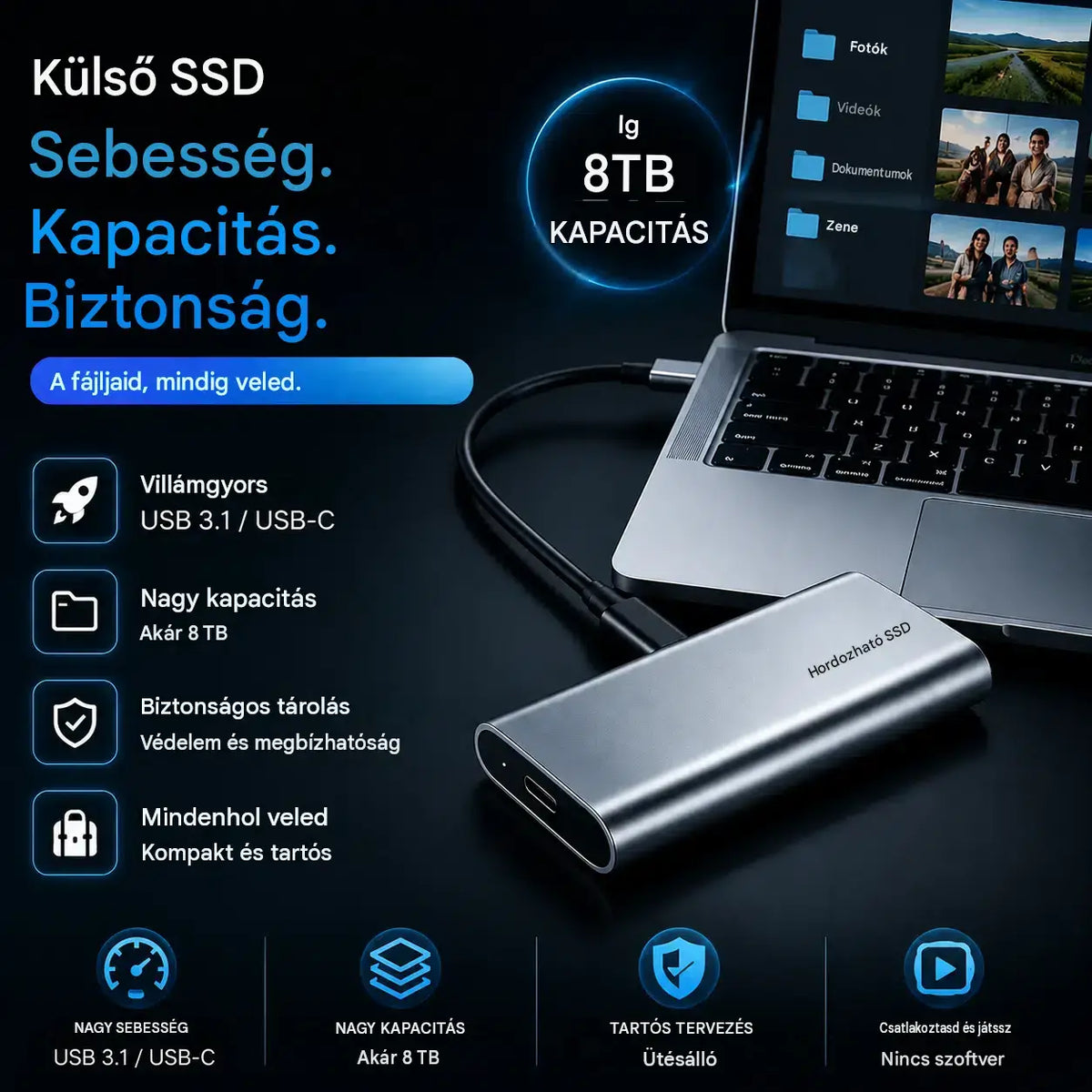 Utolsó nap, amikor 50%-ot spórolhatsz - Hordozható külső SSD - Védd meg fotóidat, videóidat és fontos fájljaidat.