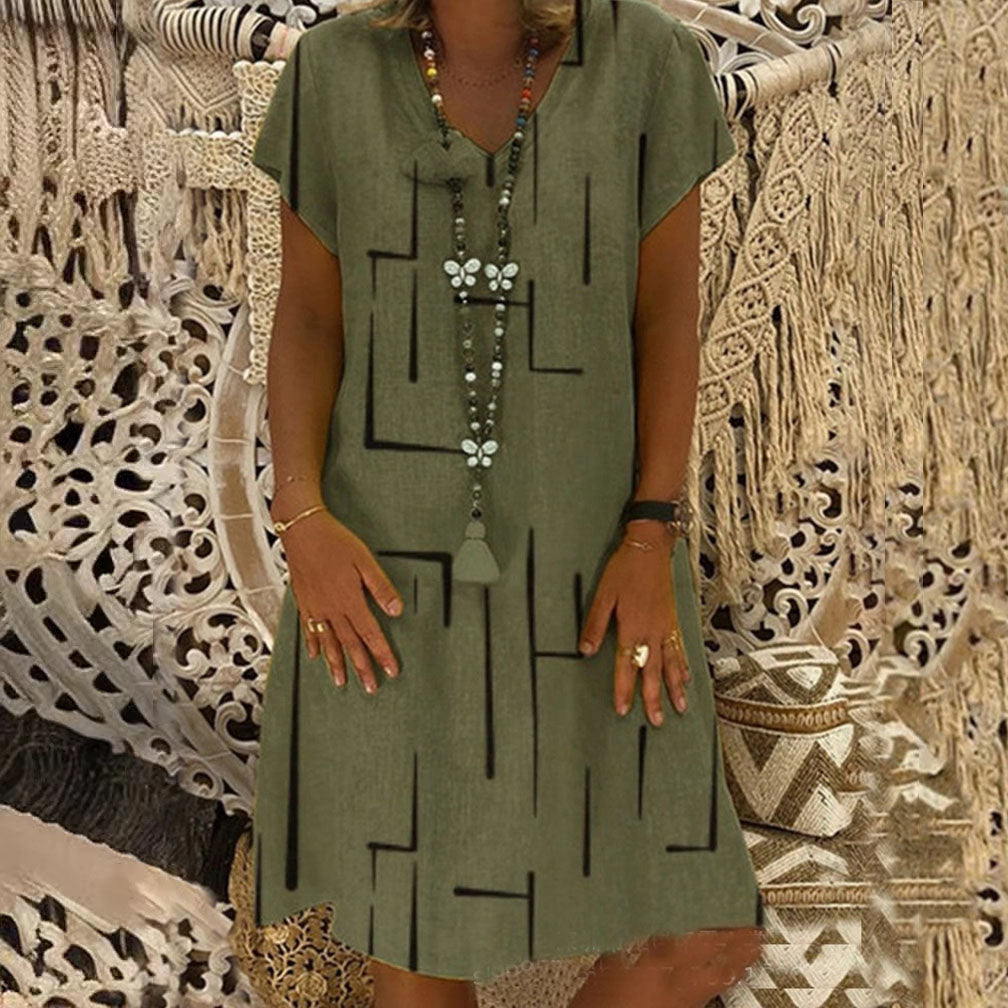 👗【S–5XL】Mintás pamut ruha V-nyakkivágással