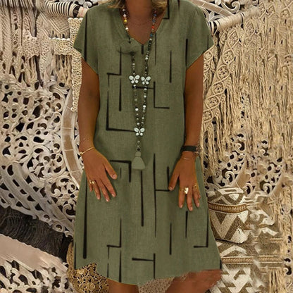 【🏆45% OFF】👗【S-5XL】Potištěné bavlněné šaty s výstřihem do V