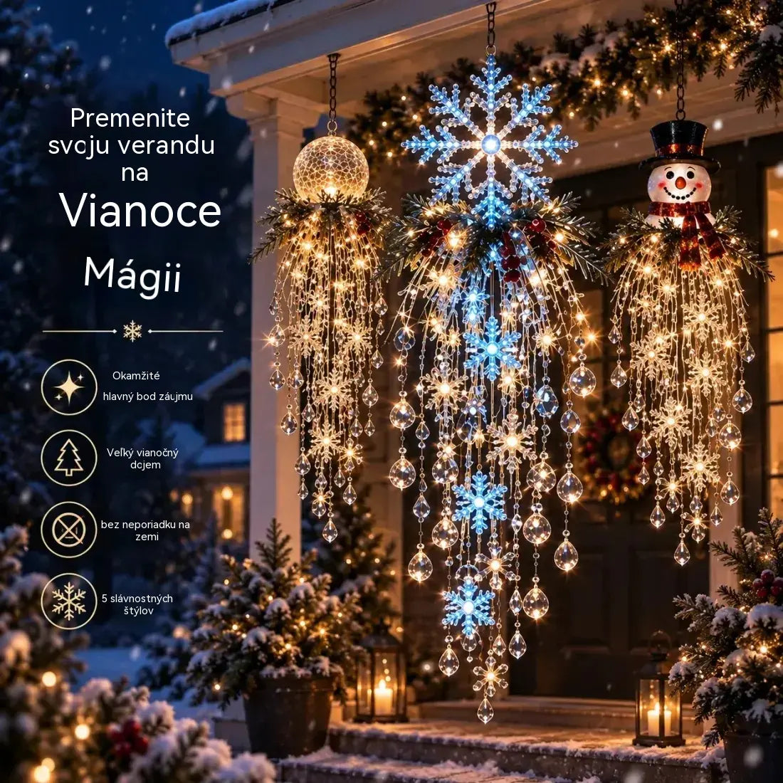 🔥 Dnes zľava 50 % 🎅 Závesná vianočná vločka s kryštálmi a LED svetlom | Čarovná žiara na verandu ✨