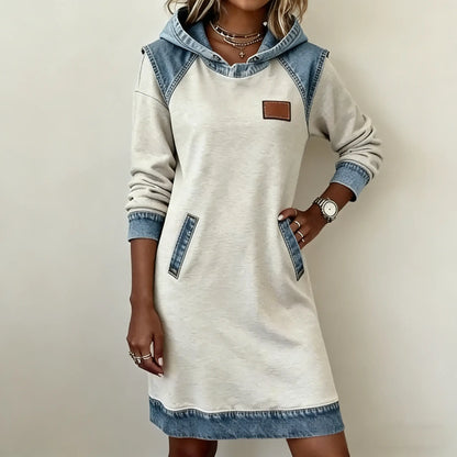 🌷【50%OFF】✨👗Őszi-téli újdonság 50% kedvezménnyel🌞❄️ Új patchwork kapucnis farmer ruha ❄️ – bő, kényelmes és könnyen kombinálható