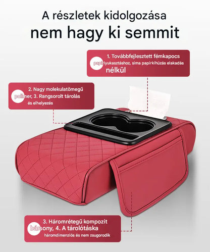 Univerzális, 4 az 1-ben bőrkárpitozású autós könyöktámasz-párna ✅ Beépített zsebkendőtartó ✅ Pohártartó