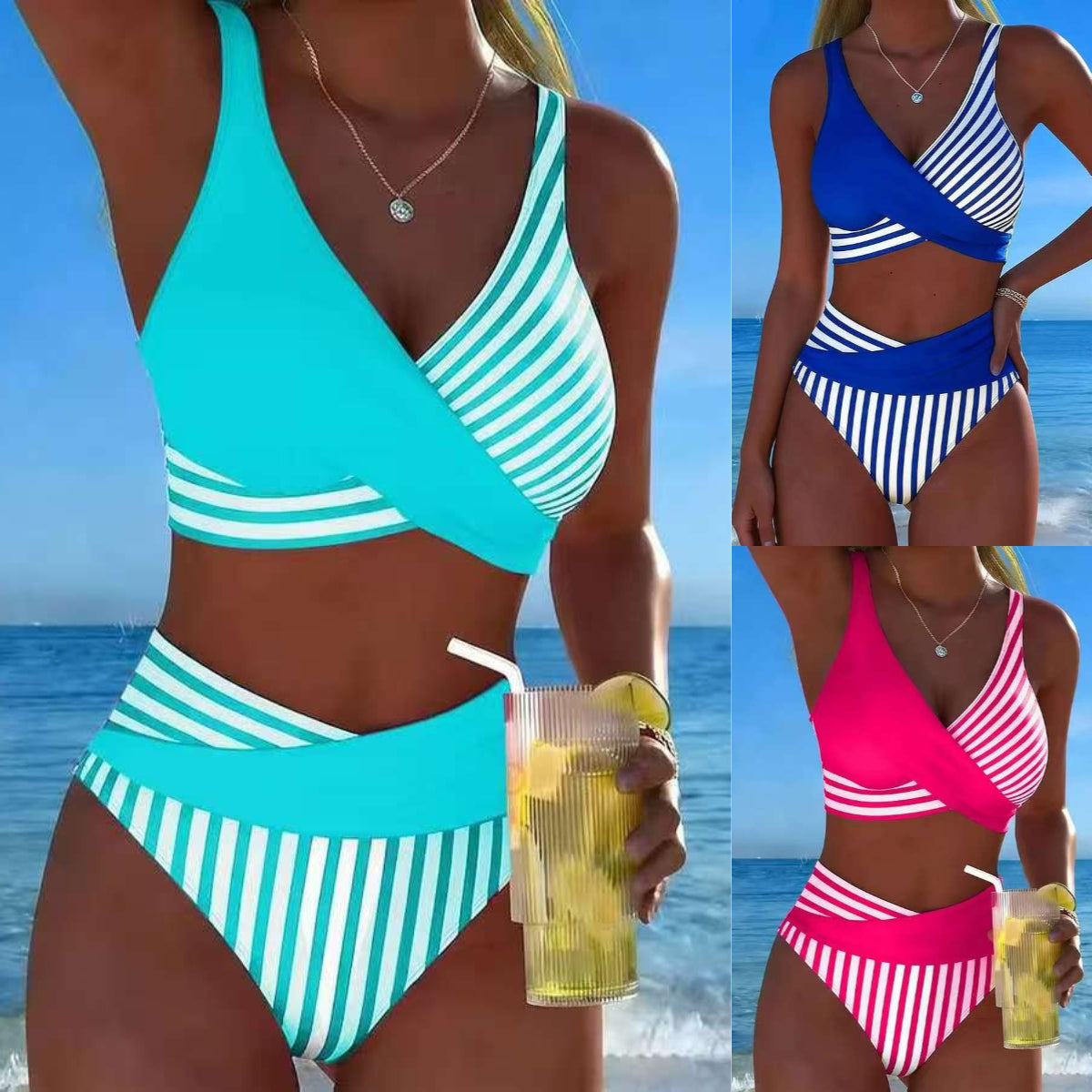 👙【40–100 kg】Dvodelni bikini z barvitimi bloki in črtami