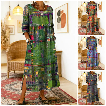 【S-5XL】Boemska maksi obleka z etničnim potiskom patchwork
