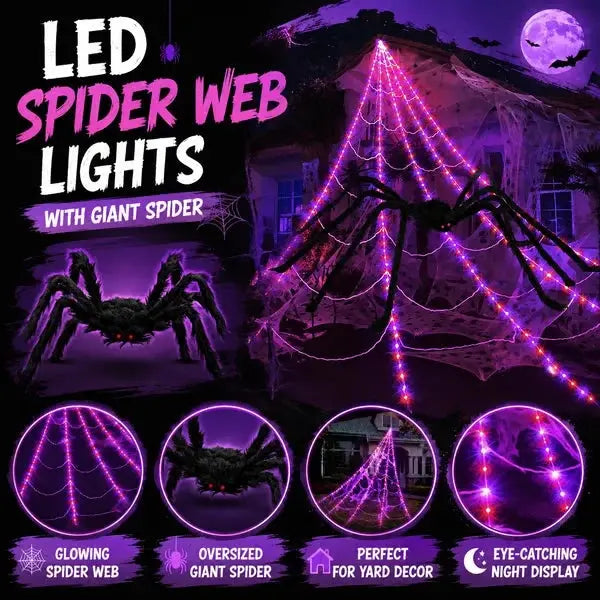 Halloween LED pókháló fények és óriás fekete pók dekoráció | 250 LED, 8 üzemmód, távirányító mellékelve