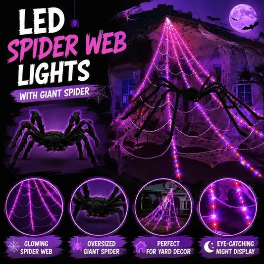 Halloween LED pókháló fények és óriás fekete pók dekoráció | 250 LED, 8 üzemmód, távirányító mellékelve