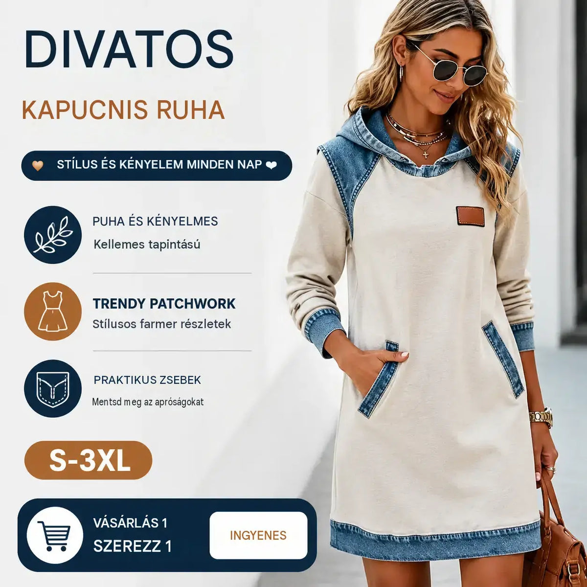 🔥50% kedvezmény🌷🌞 Új téli kollekció: Divatos, patchwork stílusú farmer kapucnis ruha