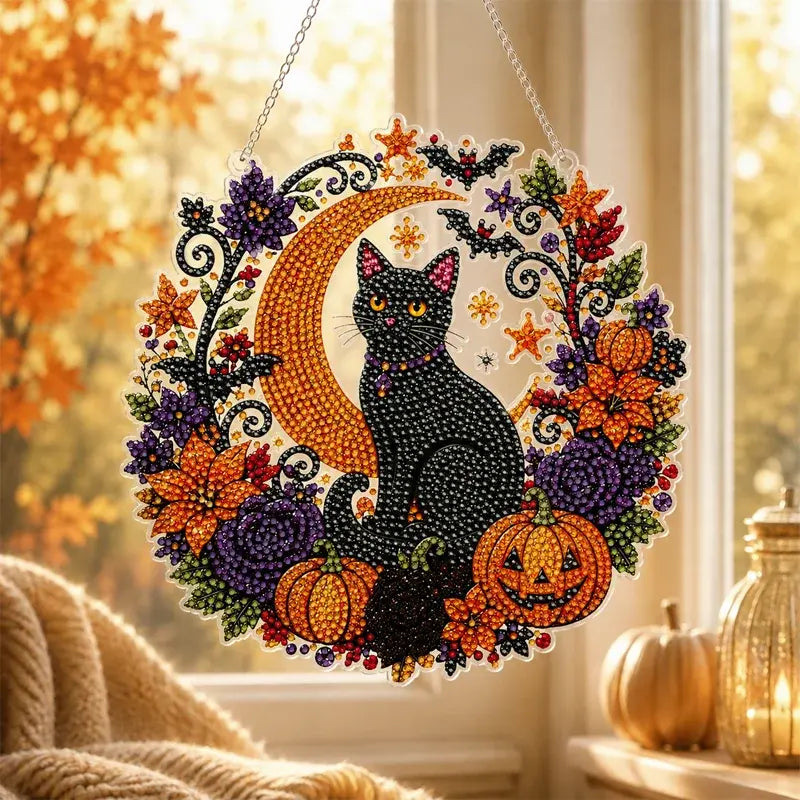 🍁🎃Halloween dekorációs ablak DIY gyémántfestés, 4 vidám minta, mérete 25×25 cm