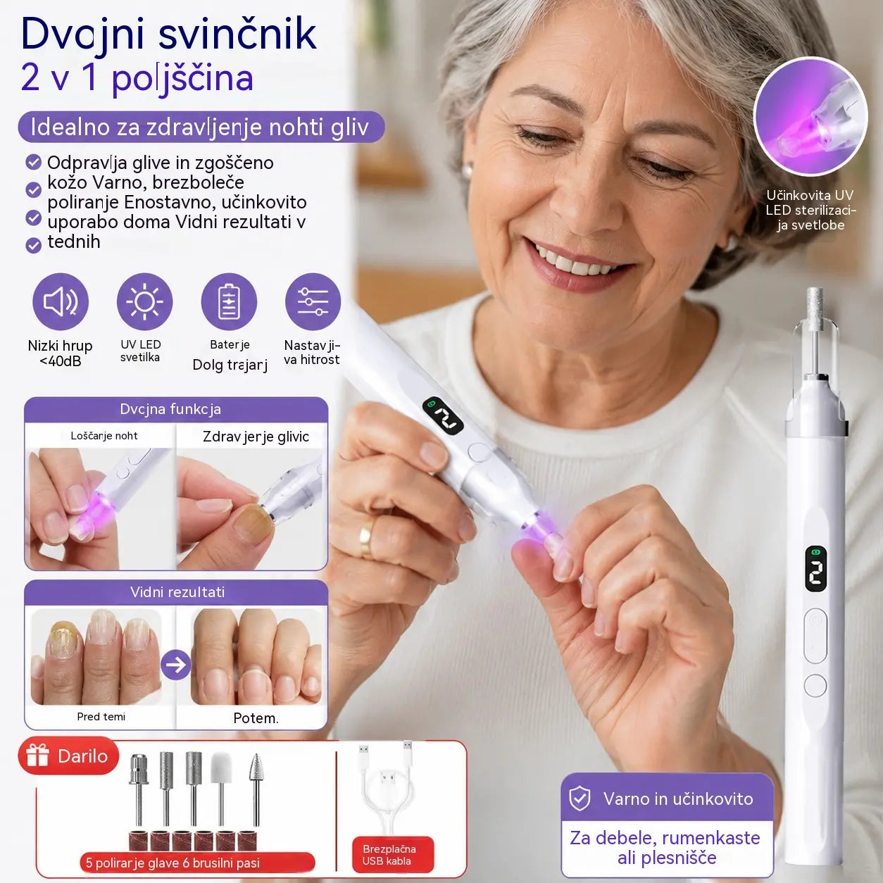 💅Električna pilica za nohte 2 v 1 z LED lučko (sušilna lučka + 5 polirnih nastavkov)
