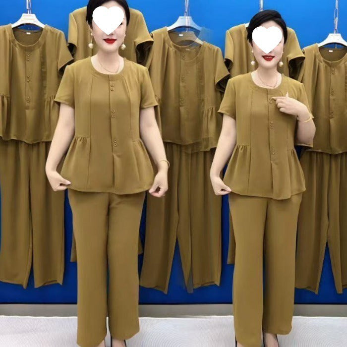 【Top + hlače】🔥🔥Dvodelni športni kombinezon, vitek temperament, plus size, 2025, poletni kombinezon za mamice, moden