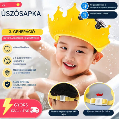 🔥【Vásárolj egyet, kapsz egyet ingyen】【2 darab 8500Ft】🛁 Vízálló baba fürdősapka – PP + TPE – Állítható – Rajzfilm korona dizájn – Sárga/Kék/Piros – Védi a szemet és a fület a víztől 👶