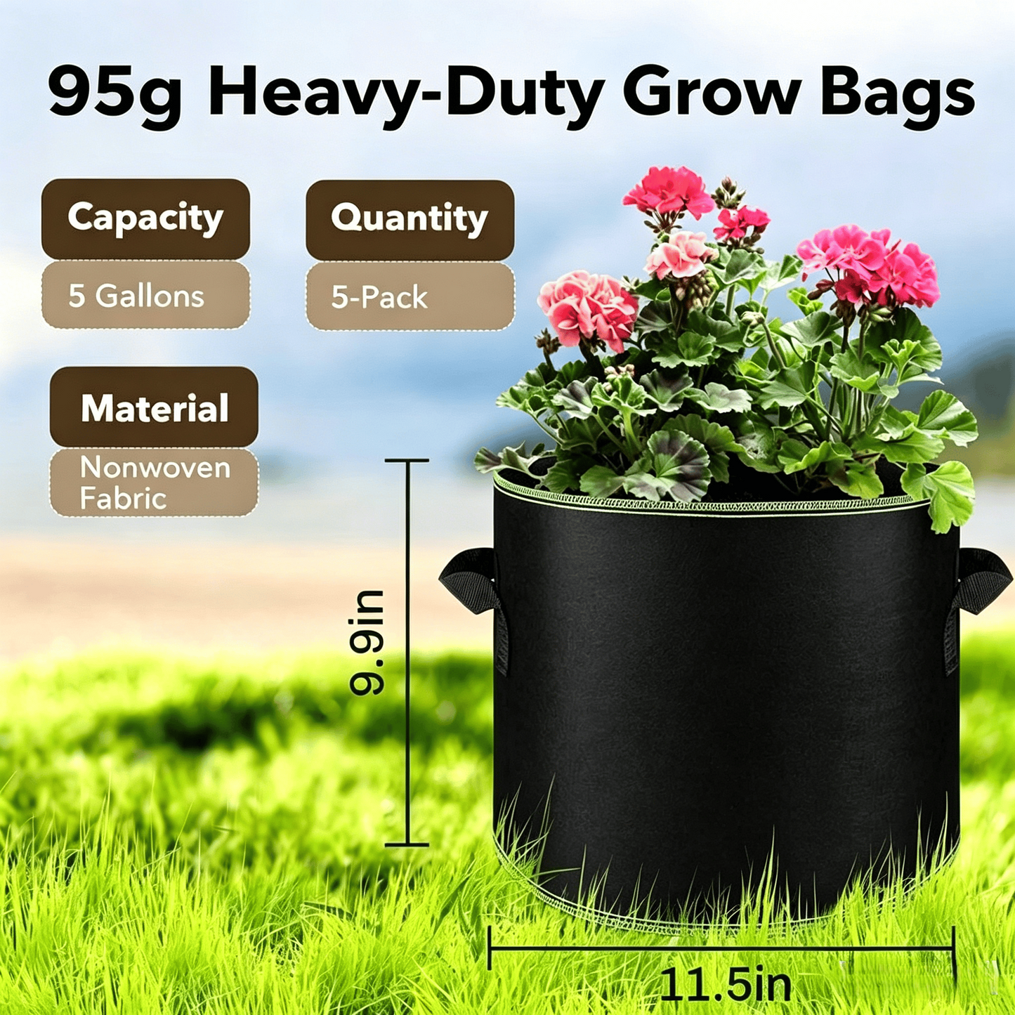 🌱 3 db-os, 5 gallonos ültetőzsák - Nagy szilárdságú, lélegző anyagból készült, fogantyúkkal, zöldségek, virágok és gyümölcsök termesztésére alkalmas.