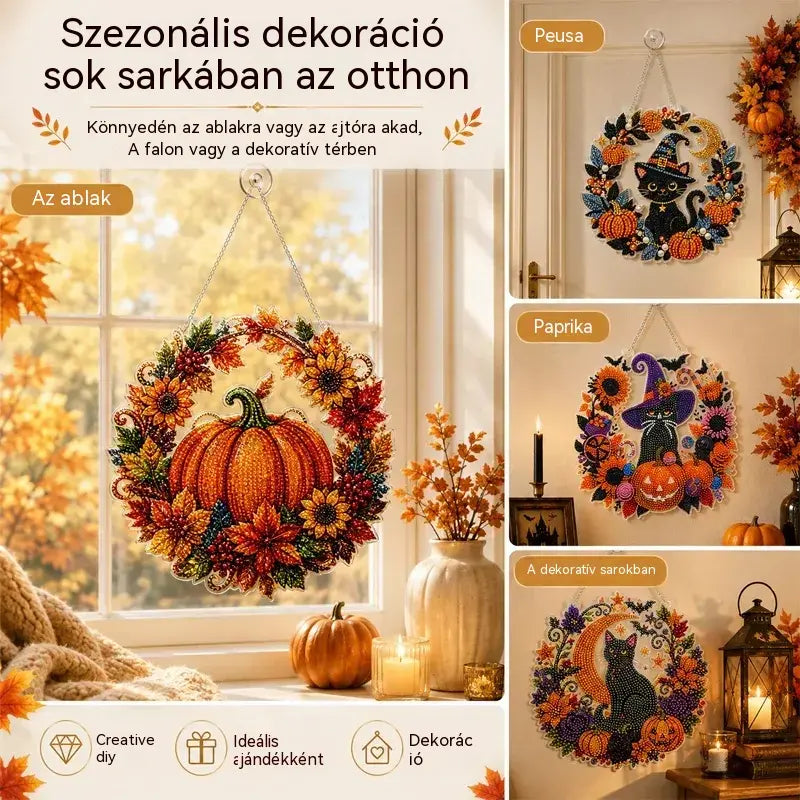 🍁🎃Halloween dekorációs ablak DIY gyémántfestés, 4 vidám minta, mérete 25×25 cm