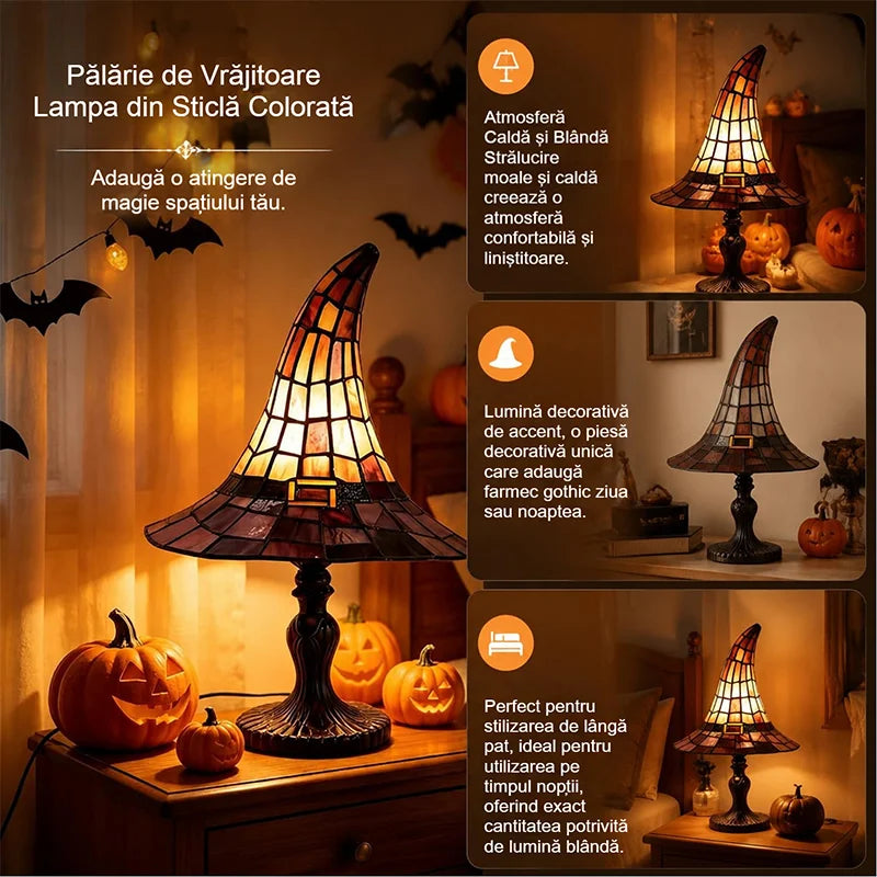 【Halloween újdonság】Gótikus boszorkánysapka alakú éjszakai fény, kreatív gyanta éjszakai fény retró ólomüveg hatással! 🔮🧙‍♀️