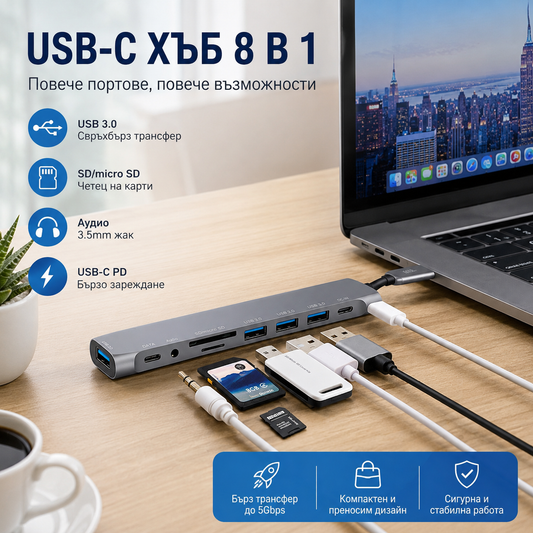 9-в-1 USB-C хъб 3.0 алуминиев Type-C USB хъб