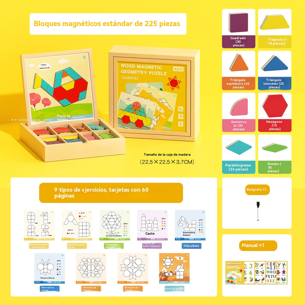 👶🌈🧩【225 darab】🔥Mágneses, fából készült tangram kirakós játék, agytréning és oktató játék gyerekeknek, serkenti a gondolkodást