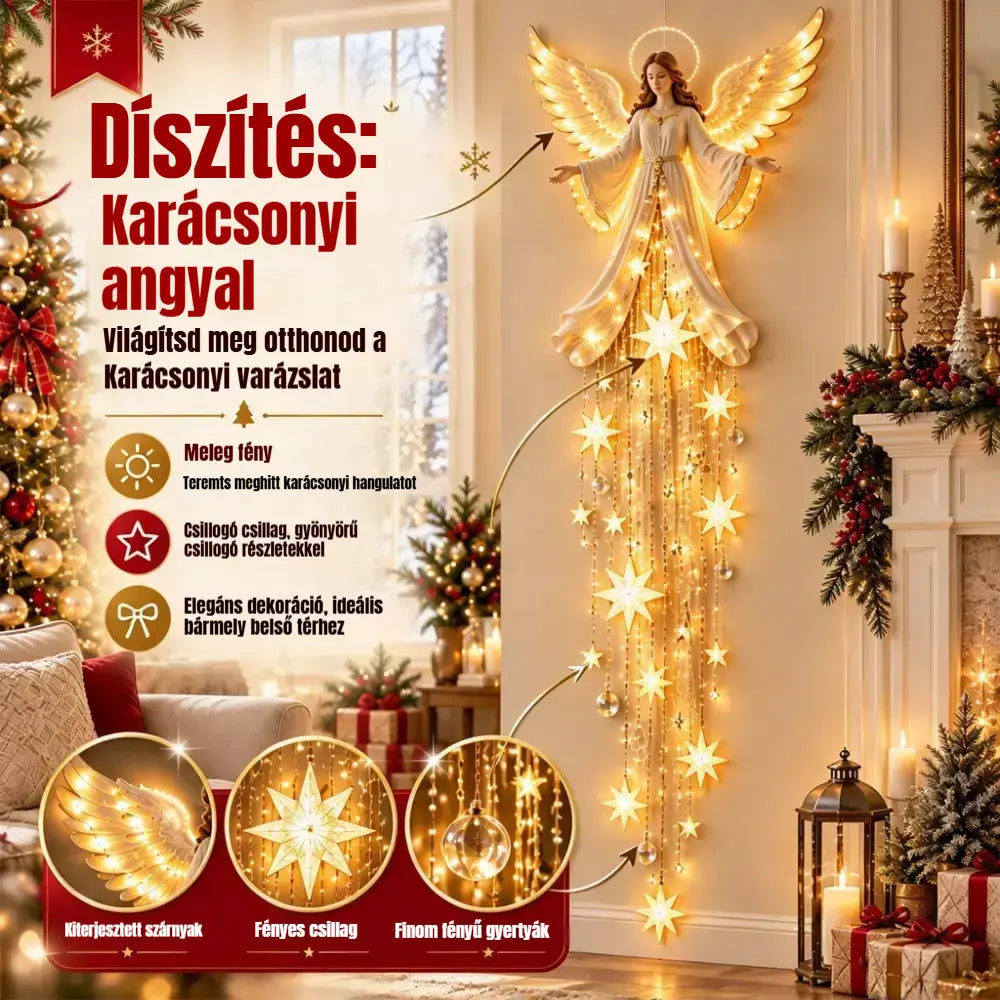 👼✨ Angyali fali lámpa hullócsillaggal | Világító karácsonyi dekoráció | Meleg LED otthonra és kertbe 🌟