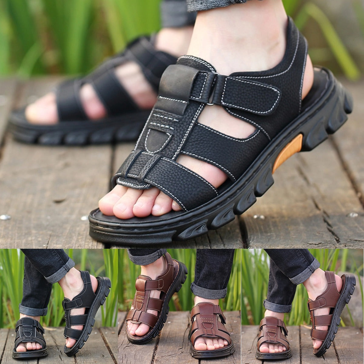 🔥👟 (50 % POPUSTA)【Velikost 38 ~ 44】 Ročno izdelani sandali za na plažo iz mehkega usnja, nedrseči, za moške