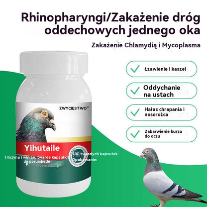 🕊️100 tabletek, specjalny lek dla gołębi pocztowych, stosowany w leczeniu kaszlu, świszczącego oddechu, łzawienia, niewyraźnego widzenia, jaglicy oraz czarno-czerwonej wydzieliny z nosa.