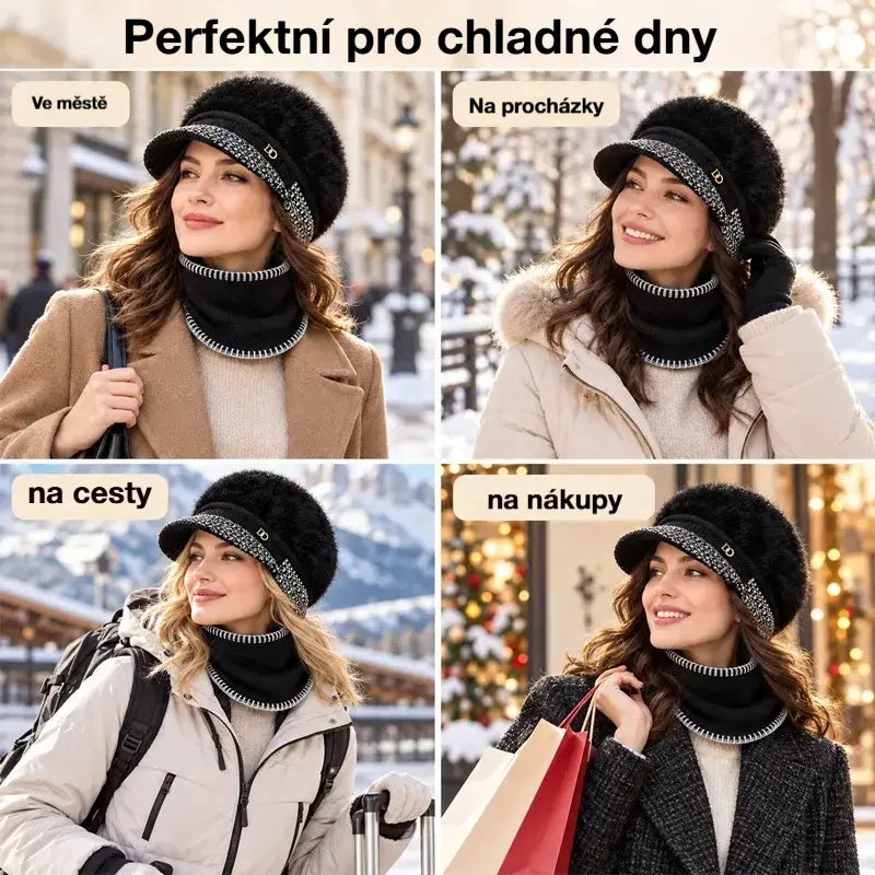 ❄️Stylová zimní kombinéza: baseballová čepice ze směsi králičí kožešiny s klapkami na uši + pletená šála!