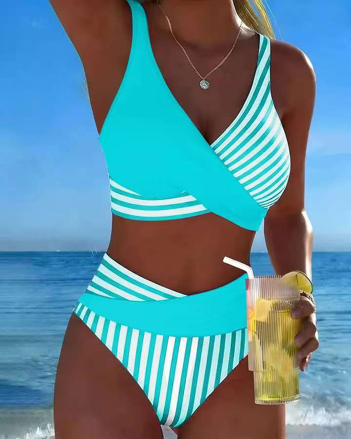 👙【40–100 kg】Dvodelni bikini z barvitimi bloki in črtami