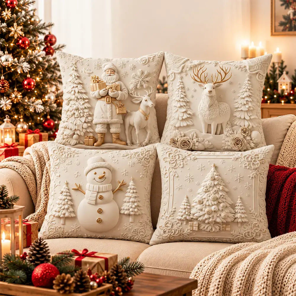 🎅【4 darabos szett】☃️ Karácsonyi párnahuzat Mikulással, hóemberrel, rénszarvassal és fával, ünnepi dekoráció kanapéra, hálószobába és nappaliba, azonnal meghitt hangulatot teremt 🎄✨