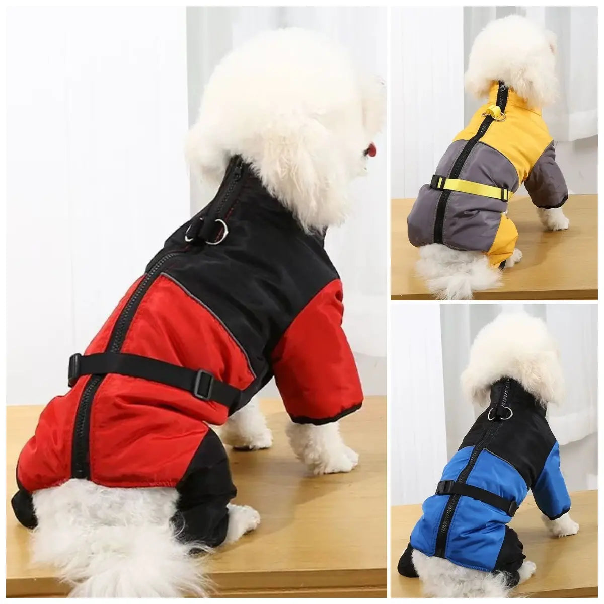 🐕 Vízálló, antisztatikus, négy lábat fedő őszi-téli kabát kistestű kutyák számára.