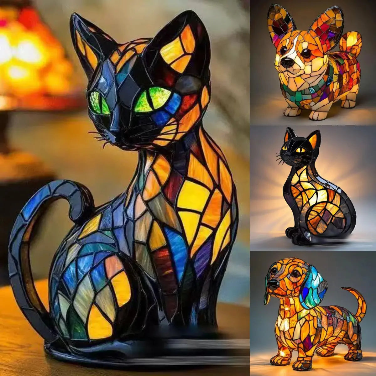 🐱🐶Gyanta díszek, LED éjszakai fény, művészet, állatszobor, kreatív dekoráció irodába, otthonra, USB porttal ellátott kapcsoló